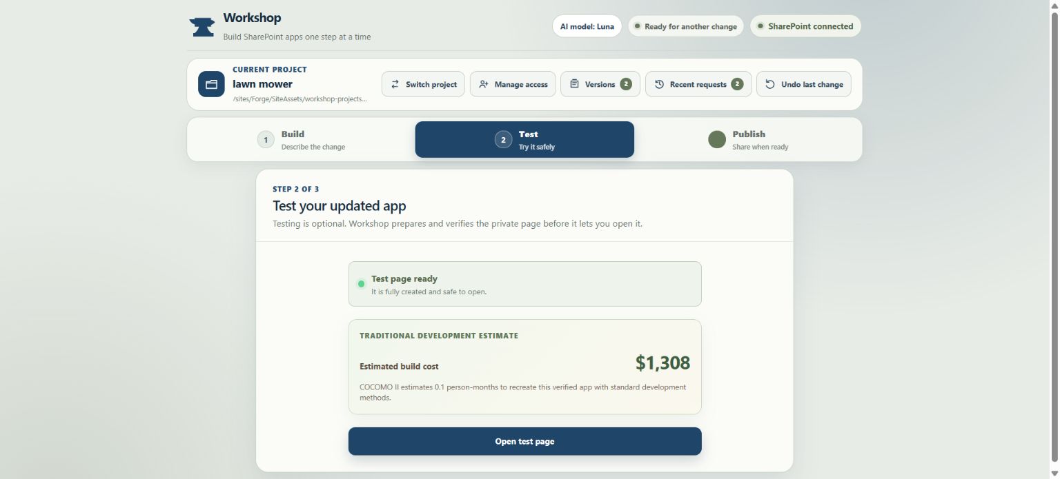 Workshop Test screen showing that a private test page is ready