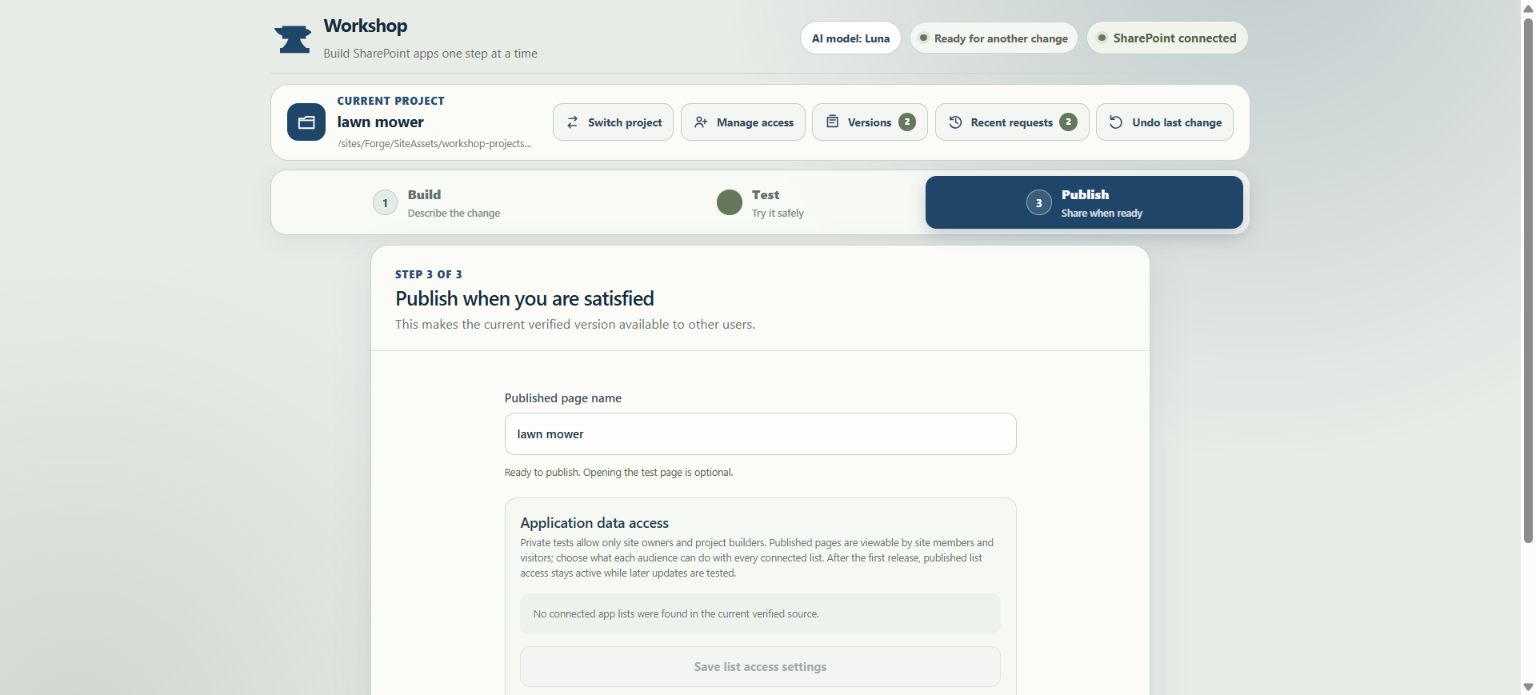 Workshop Publish screen with release and application data access controls